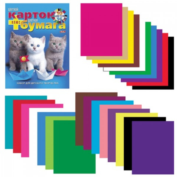 Набор цветного картона/бумаги 26л 10+16 HATBER 26НКБ4к _09573 Милые котята