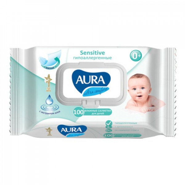 Салфетки влажные, 100 шт., для детей, AURA "Ultra comfort", гипоаллергеннные, без спирта, крышка-клапан, 6486