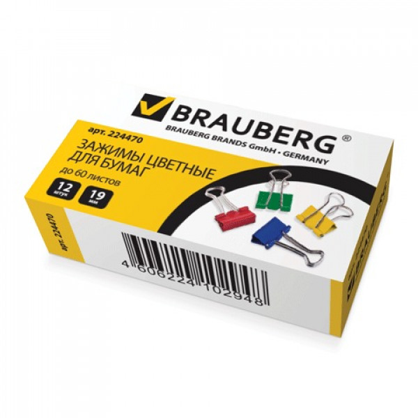 Зажим для бумаг BRAUBERG, комплект 12 шт., 19 мм, на 60 л., цветные, в картонной коробке, 224470